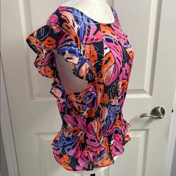 Tommy Hilfiger Tropical Pink, Orange & Purple Short Ruffle Sleeve Smocked Waist - Picture 5 of 13